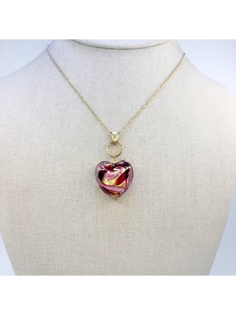 Artisan Glass Heart Necklace Gold Over Sterling Silver 925 Size 18" Adjustable